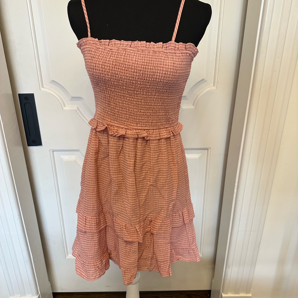 Altar’d State Pink Gingham Smocked Dress Spaghetti Strap Adjustable NWOT